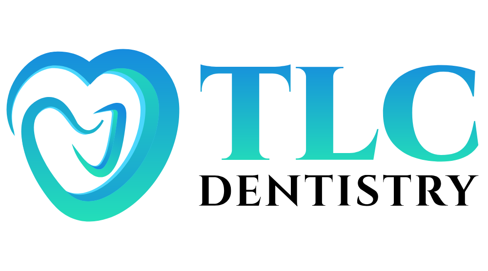 TLC Dentistry logo featuring a blue-teal heart with a stylized tooth and the words 'TLC Dentistry' in gradient blue-green typography